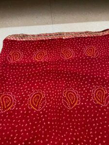 Red Bandhani Saree with Embellished Border