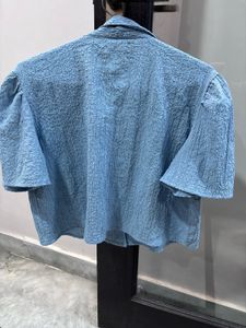 Blue Textured Puff Sleeve Crop top