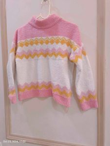 White And Pink Colours With Golden Strip Sweater