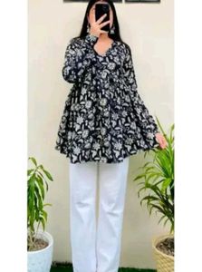 Black Floral Trendy V-neck Short Kurta Top