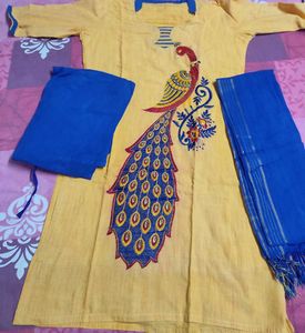 Mango Yellow N Blue Kurta Set Peacock Embroidery