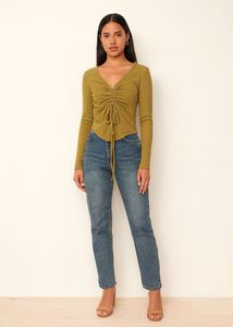 Olive Ribbed Tie Front Top