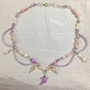 Fairy Purple crystal&amp;Pink Bead Loop Necklace