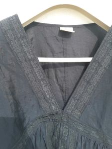 Dark Blue Embroidered V-Neck Blouse