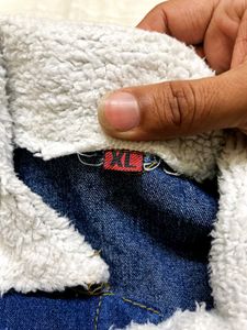 Denim Jacket with Sherpa Fur Collar Navy Blue