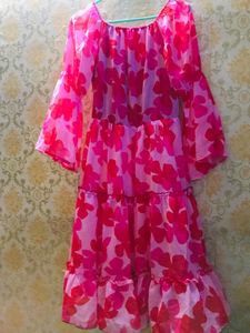 Pink Flowery Flared Below Knee Dress