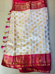 Off White Banarasi Silk Saree With Pink Border