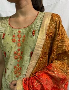 Embroidered Silk Long Dress With Duppatta