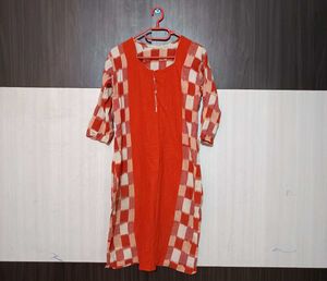 Vintage Orange Checkered Dress Kurti Size L