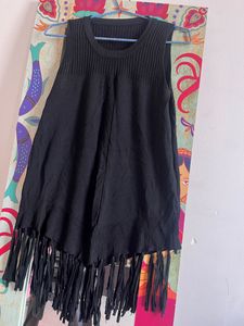 Stretchable Black Top With Tassels