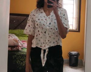 White Printed Tie-Up Top
