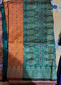 Banarasi Saree, Orange & Green Body, Zari Work
