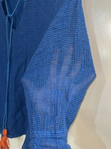 Boho Blue Knit Tassel Tie Top