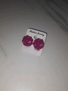 Dark Pink Roses Studs With Golden Stones Work