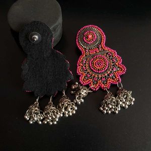 Pink Beaded Jhumka Earrings