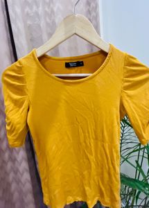 Ribbed Puffed Sleeves Mustard Fitted Top/ XS