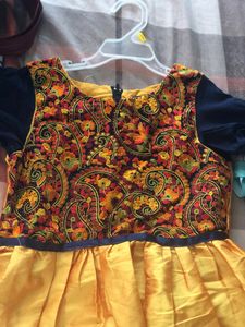 Embroidered Silk Frock( Yellow &amp; Dark Blue)