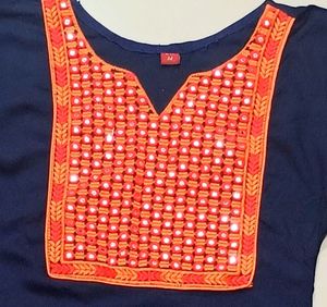 Navy Blue Kurta With Embroidery And Mirror Work