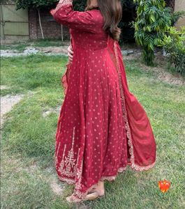 Red Anarkali Suit Set With Pant Dupatta
