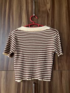 ribbed knit, cropped, striped polo-style top