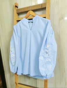 Blue Embroidered Sleeve Top size-42