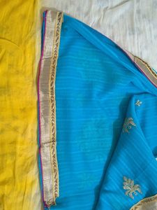 Blue Sari with Gold Embroidery