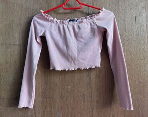Pink Ribbed Off Shoulder Crop Top
