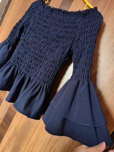 Navy Blue Smocked Peplum Top(Women)