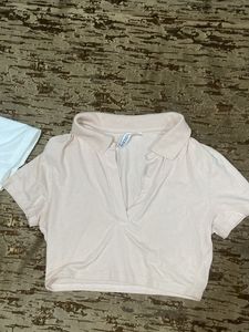 h&amp;m combo cropped collared top white and baby pink
