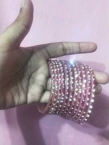 Sparkling Pink Glass Bangle Set (Set Of 11)