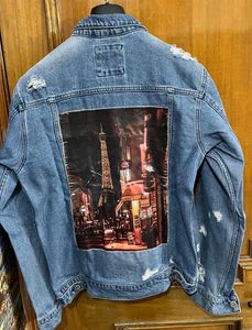 NUON PRINTED DISTRESSED BLUE  DENIM JACKET