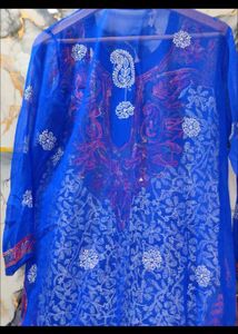 NEW Blue chikan Embroidered Kurta XL