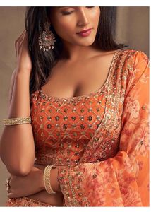 Orange&amp; gold sequined lehanga Myntra