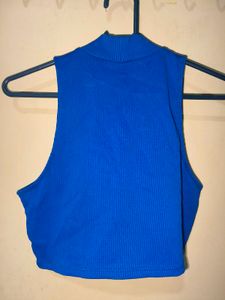 Blue Ribbed Mock Neck Crop Top