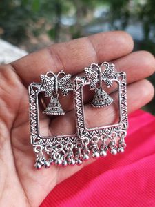 Silver Tone Square Jhumka Earrings