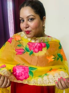 Floral Hand Painted Organza  Print Dupatta