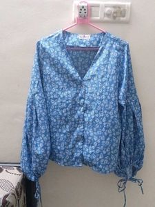 Blue Floral V-Neck Blouse