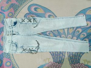 Faded Blue and White Colour Scratched Girls Jeans