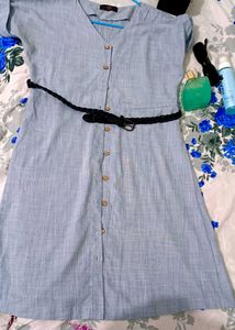 Light Blue Button-Down Dress with Belt