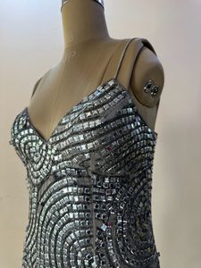 Silver Square Sequins Heavy Embellished Slit Dress
