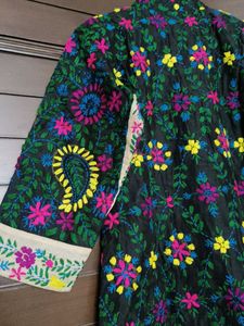 Women Black Cotton Silk Fulkari Embroidery Kurta