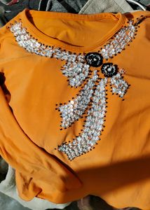 Orange Embellished Long Sleeve Top