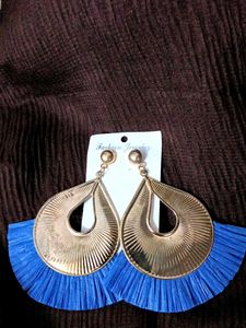 Gold &amp; Blue Fringe Statement Earrings