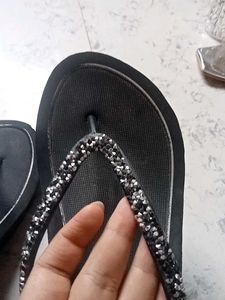 Luna Blu Black Embellished Flip Flops