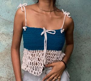 Blue Crochet Tie-Up Top