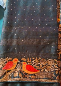 Bird Embroidered Teal Saree
