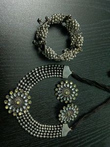 Oxidised Necklace Set With Kada