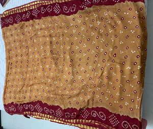 Golden Brown &amp; Maroon Bandhani Saree