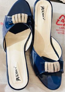 Blue Party wear block Heels With Diamonds