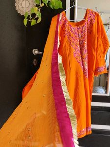 Orange Embroidered Suit With Dupatta